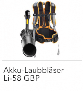 Der Akku-Laubbläser Li 58GB bietet eine optimale Mischung aus Leistung und Komfort. Die hohe Luftgeschwindigkeit von bis zu 209 km/h und der PowerBoost sorgen für die nötige Leistung. Für den Komfort kann die Geschwindigkeit kann variabel eingestellt und für längere Arbeiten ganz bequem mit dem Tempomat festgestellt werden. Der 58V Akku mit 2,6Ah sorgt für eine lange Laufzeit. Daneben ist der Laubbläser mit 3,7 kg inkl. Akku sehr leicht.